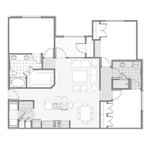 Floor plan for 3 beds, 2 baths, 1267 sqft